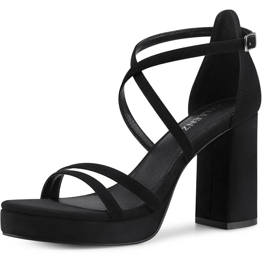 Women's Black-Suede Sandal Stylish Comfortable Chunky Blocked Strappy Heel Shoe